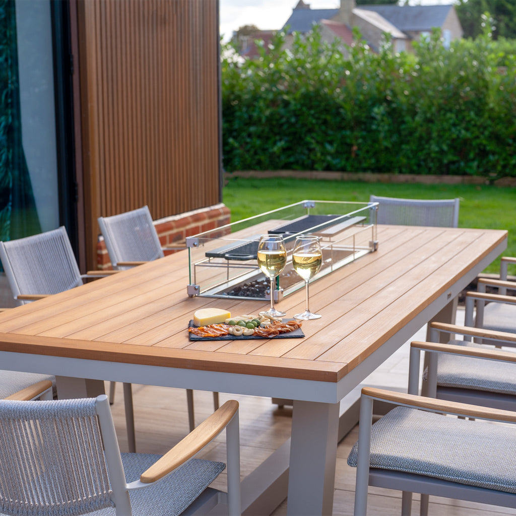 Tellaro 8 Seat Rectangular Teak Firepit Dining Set in Latte