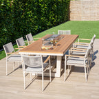 Tellaro 8 Seat Rectangular Teak Firepit Dining Set in Latte