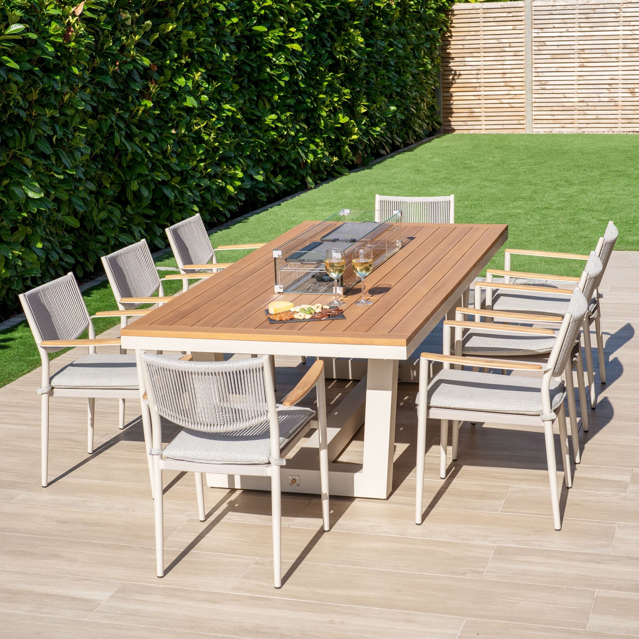 Tellaro 8 Seat Rectangular Teak Firepit Dining Set in Latte
