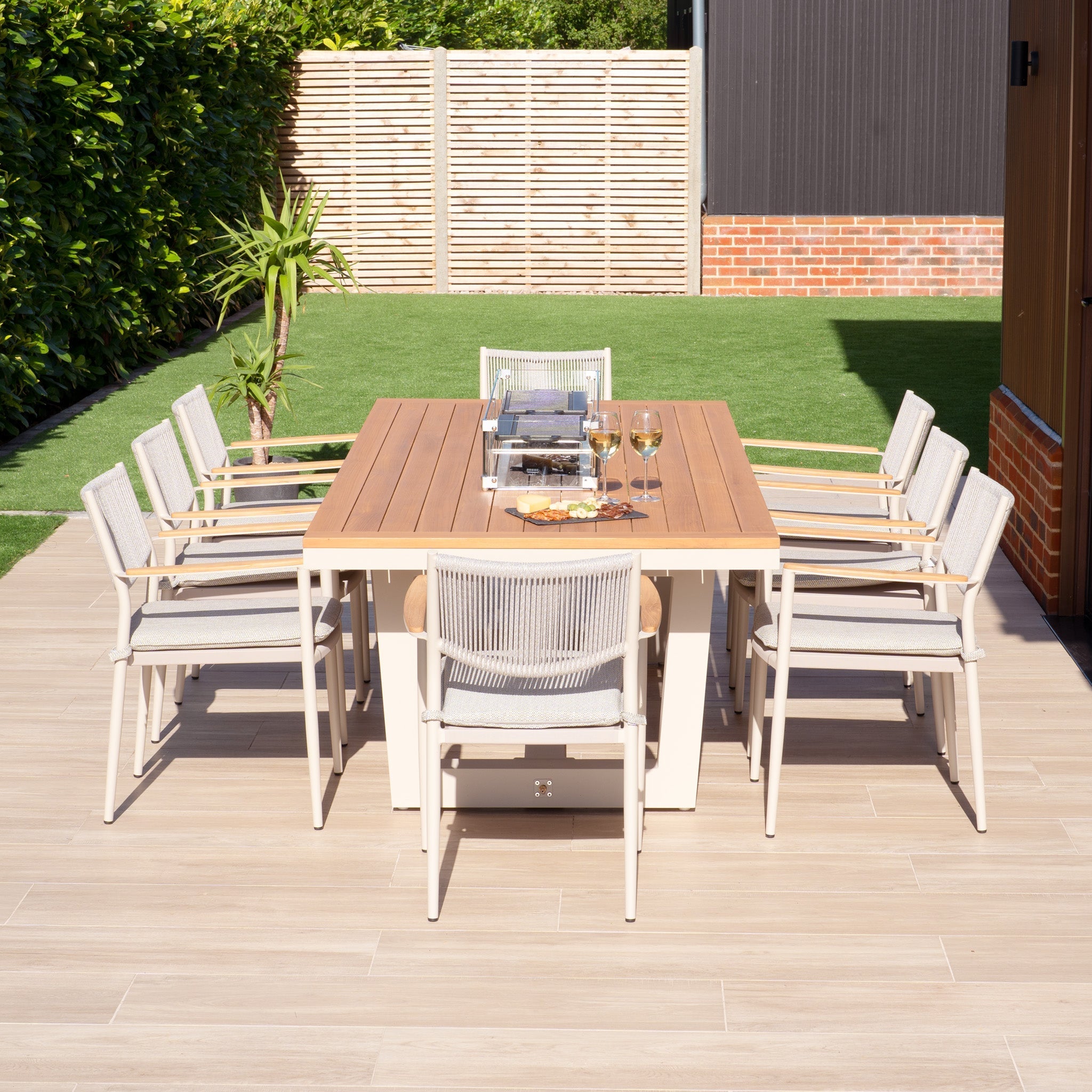 Tellaro 8 Seat Rectangular Teak Firepit Dining Set in Latte