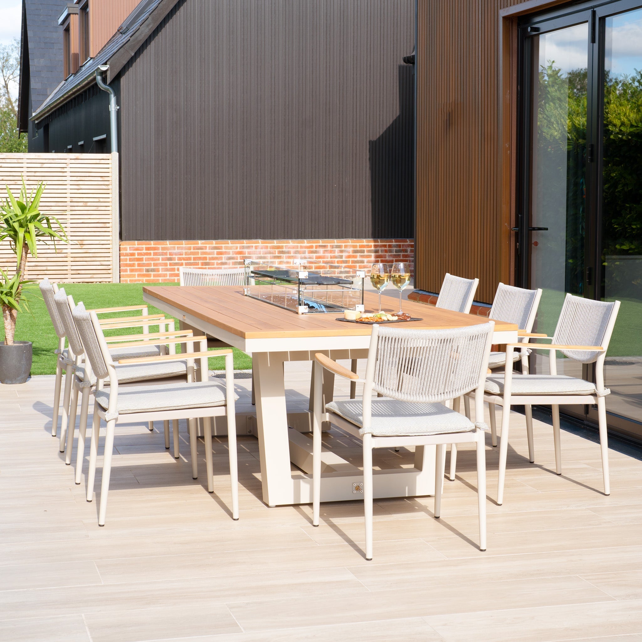 Tellaro 8 Seat Rectangular Teak Firepit Dining Set in Latte