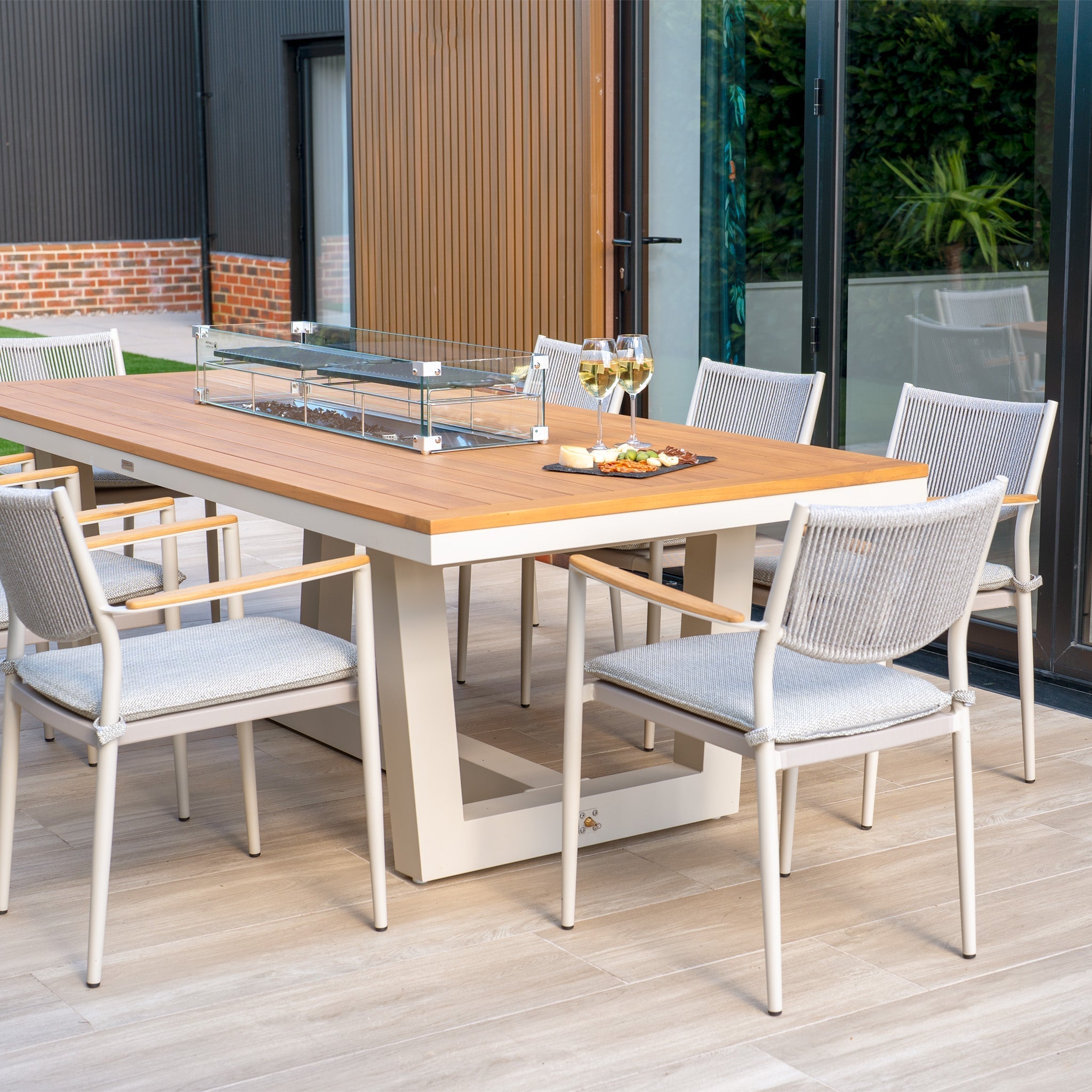 Tellaro 8 Seat Rectangular Teak Firepit Dining Set in Latte