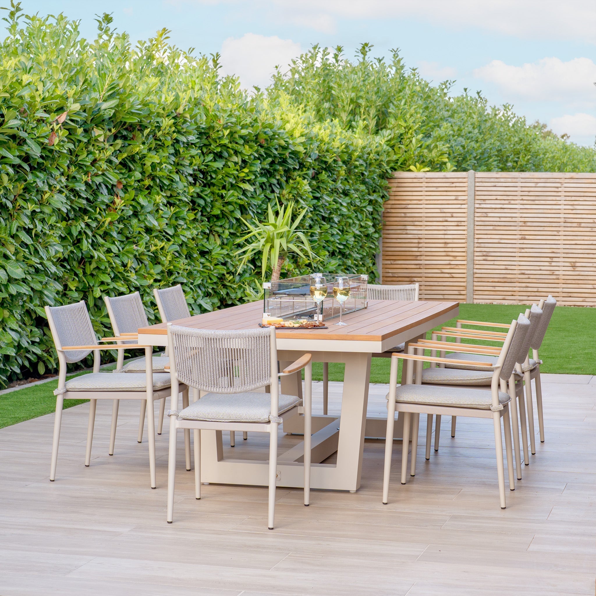 Tellaro 8 Seat Rectangular Teak Firepit Dining Set in Latte