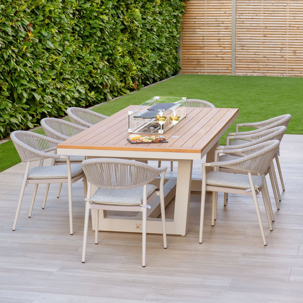 Cloverly 8 Seat Rectangular Teak Firepit Dining Set in Latte