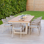 Cloverly 8 Seat Rectangular Teak Firepit Dining Set in Latte