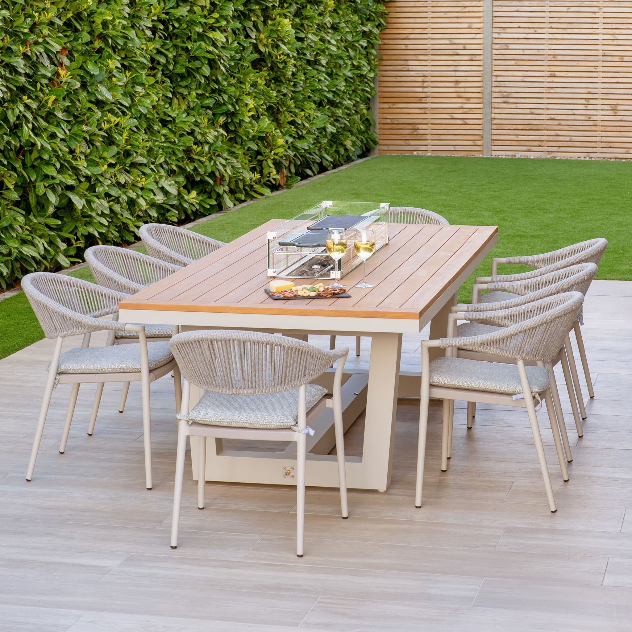 Cloverly 8 Seat Rectangular Teak Firepit Dining Set in Latte