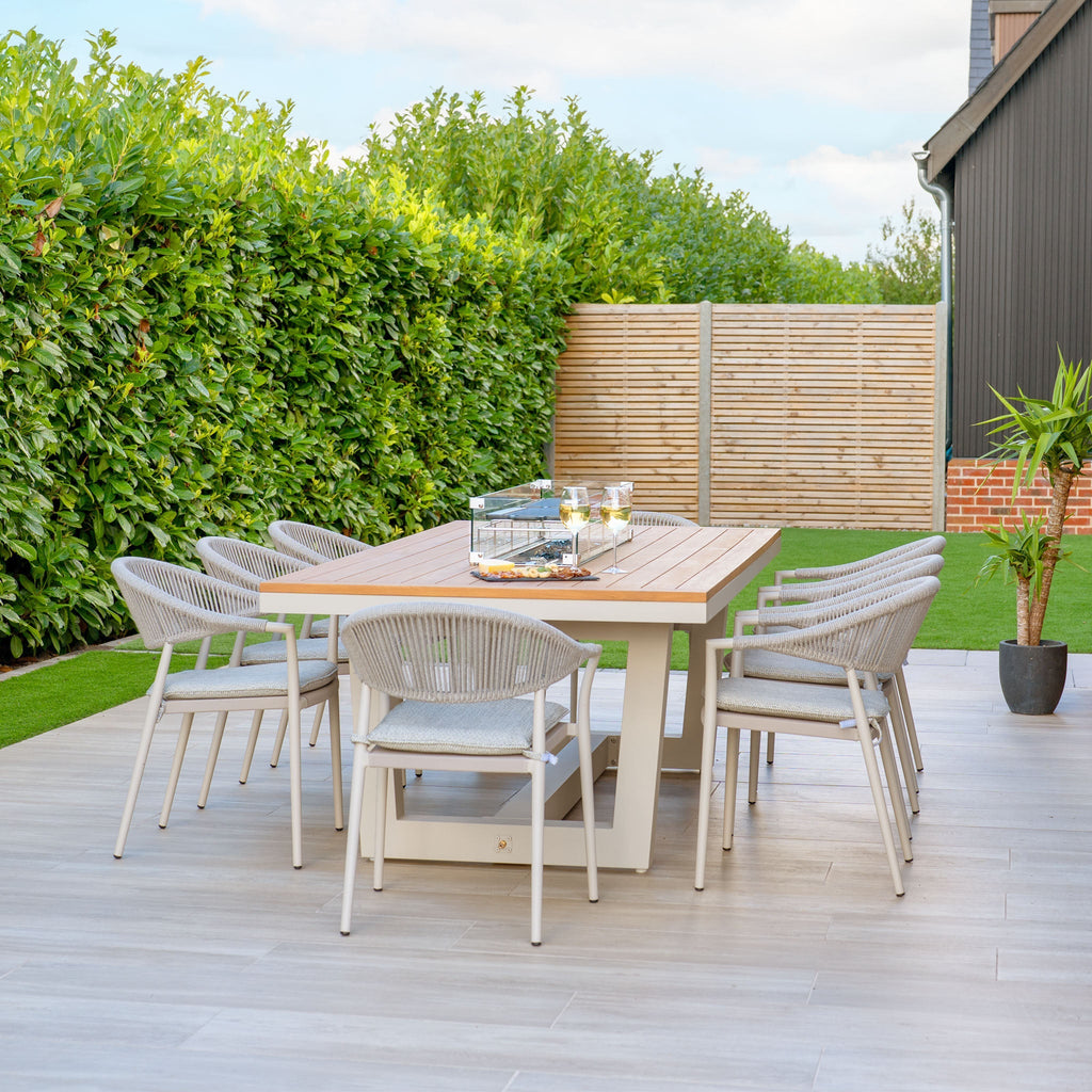 Cloverly 8 Seat Rectangular Teak Firepit Dining Set in Latte