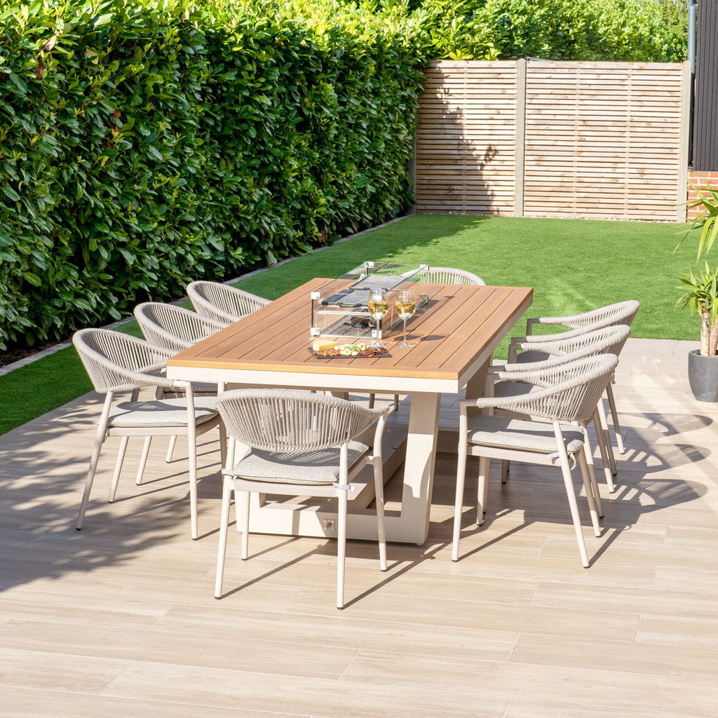 Cloverly 8 Seat Rectangular Teak Firepit Dining Set in Latte