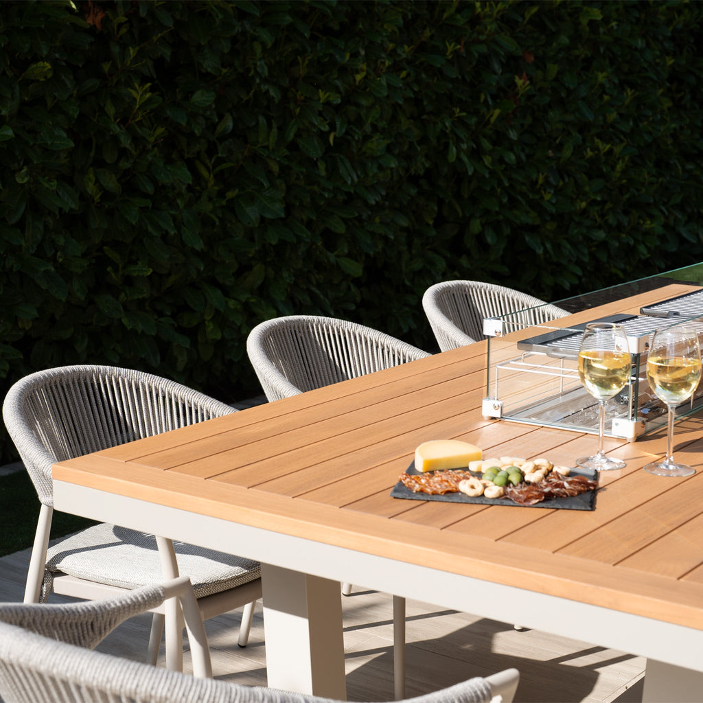 Cloverly 8 Seat Rectangular Teak Firepit Dining Set in Latte