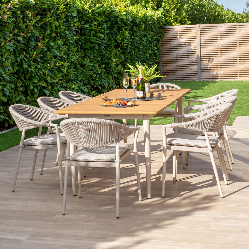 Cloverly 8 Seat Rectangular Dining with Teak Table in Latte