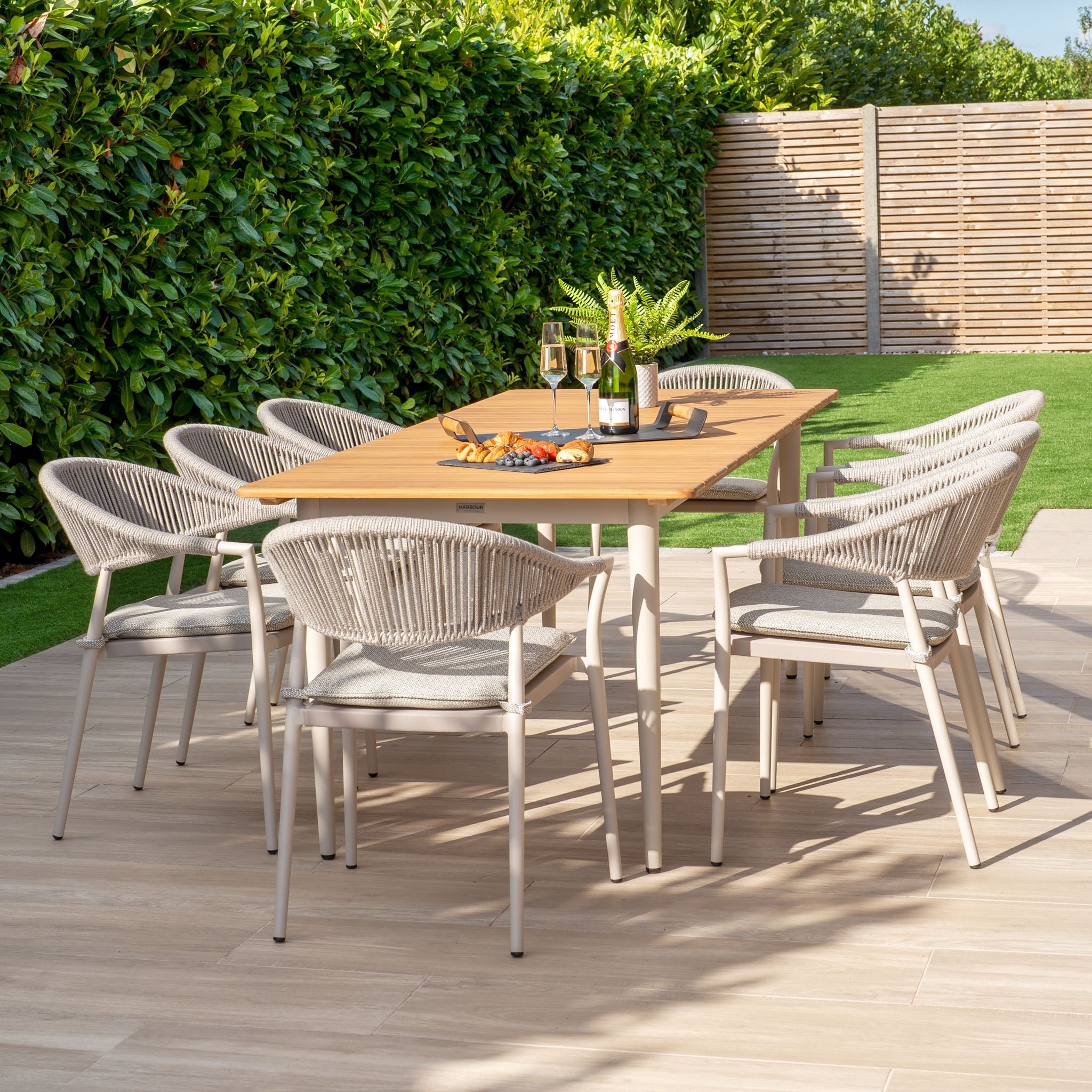 Cloverly 8 Seat Rectangular Dining with Teak Table in Latte