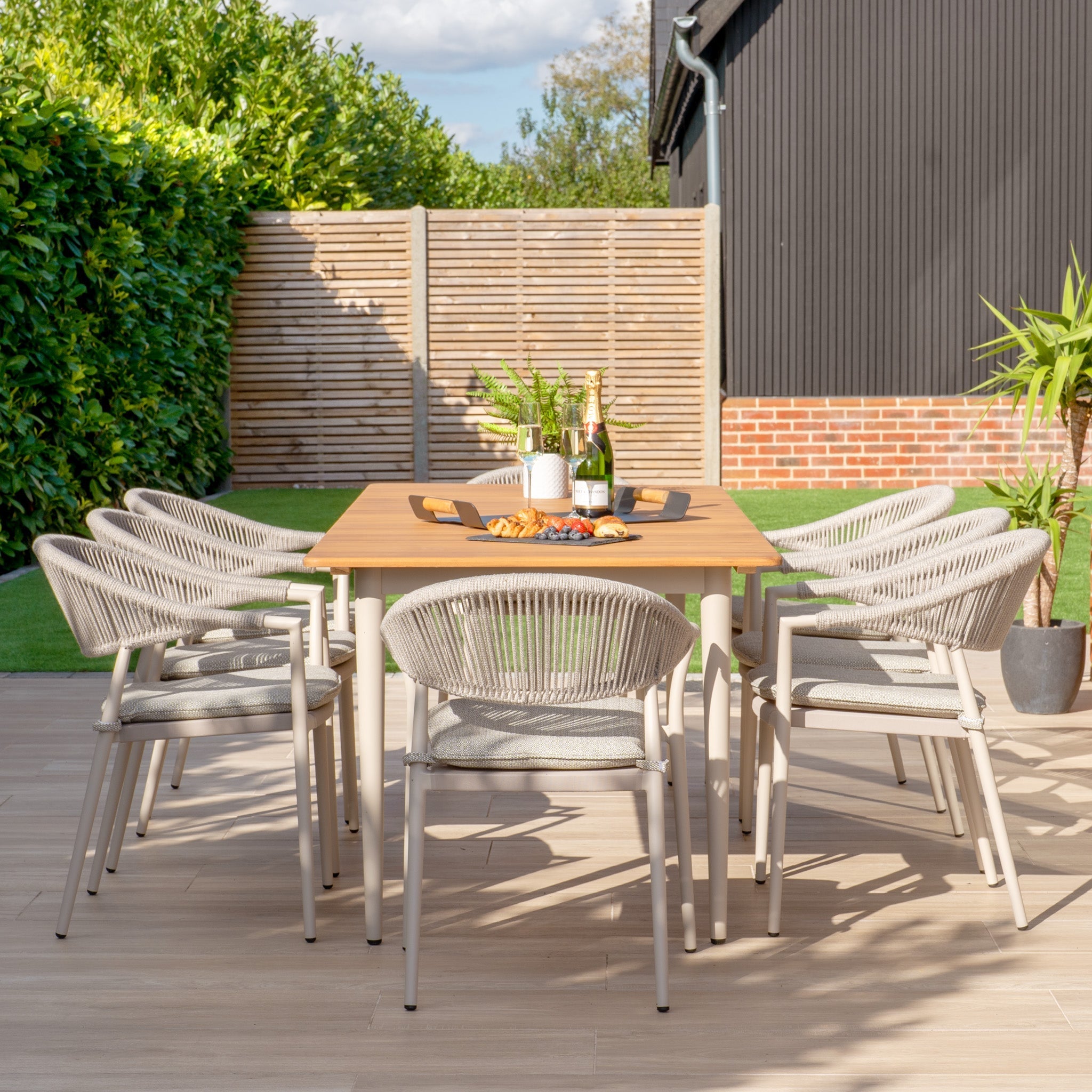 Cloverly 8 Seat Rectangular Dining with Teak Table in Latte