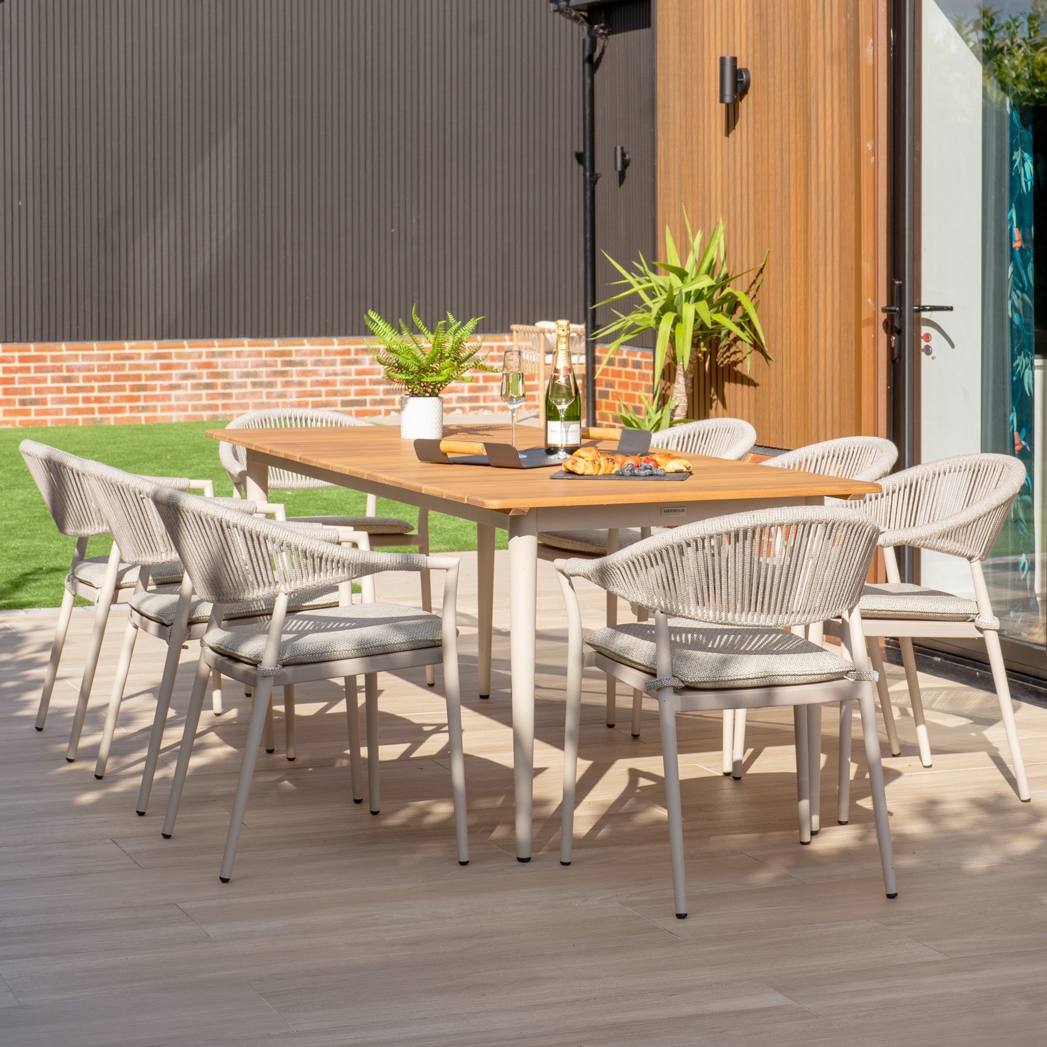 Cloverly 8 Seat Rectangular Dining with Teak Table in Latte