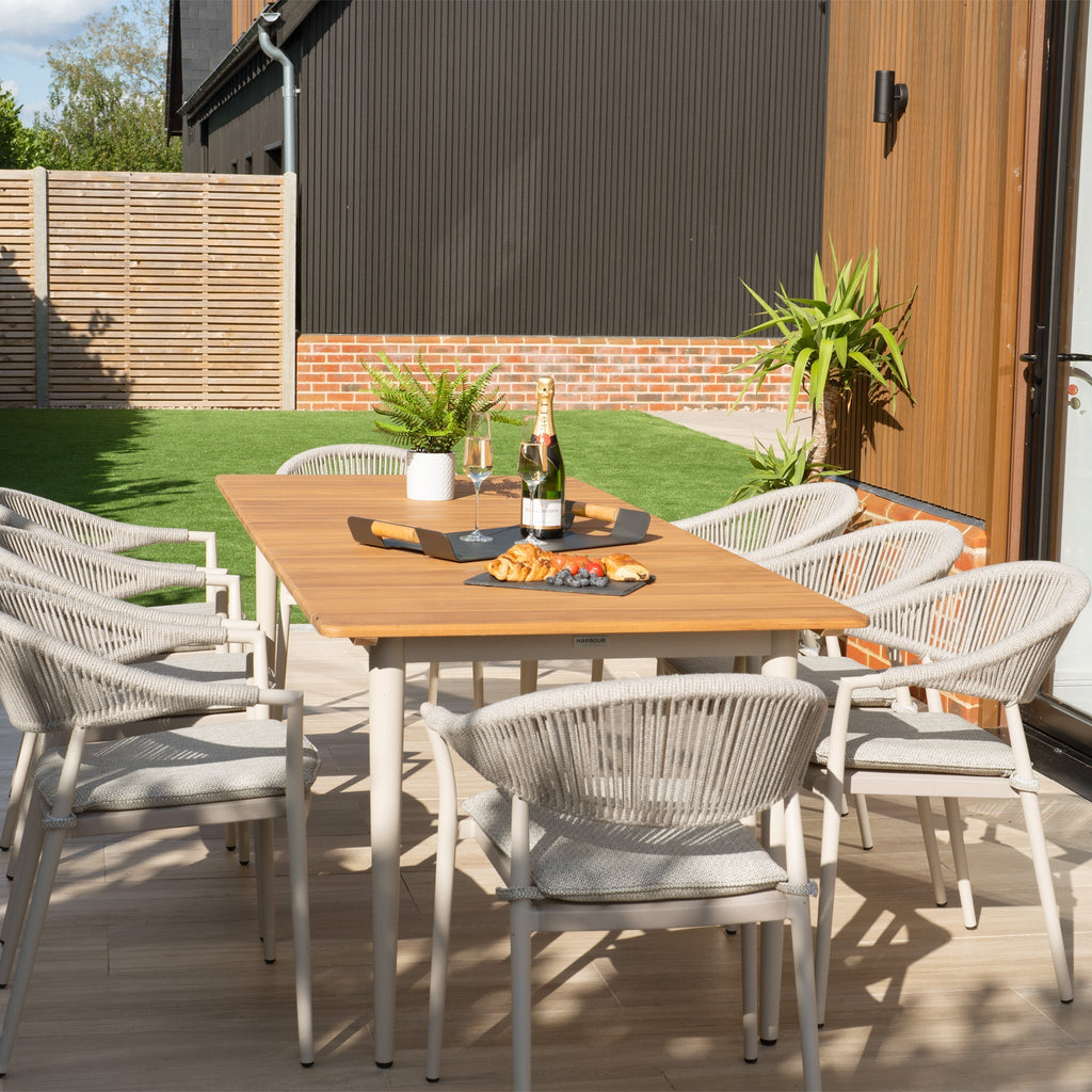 Cloverly 8 Seat Rectangular Dining with Teak Table in Latte