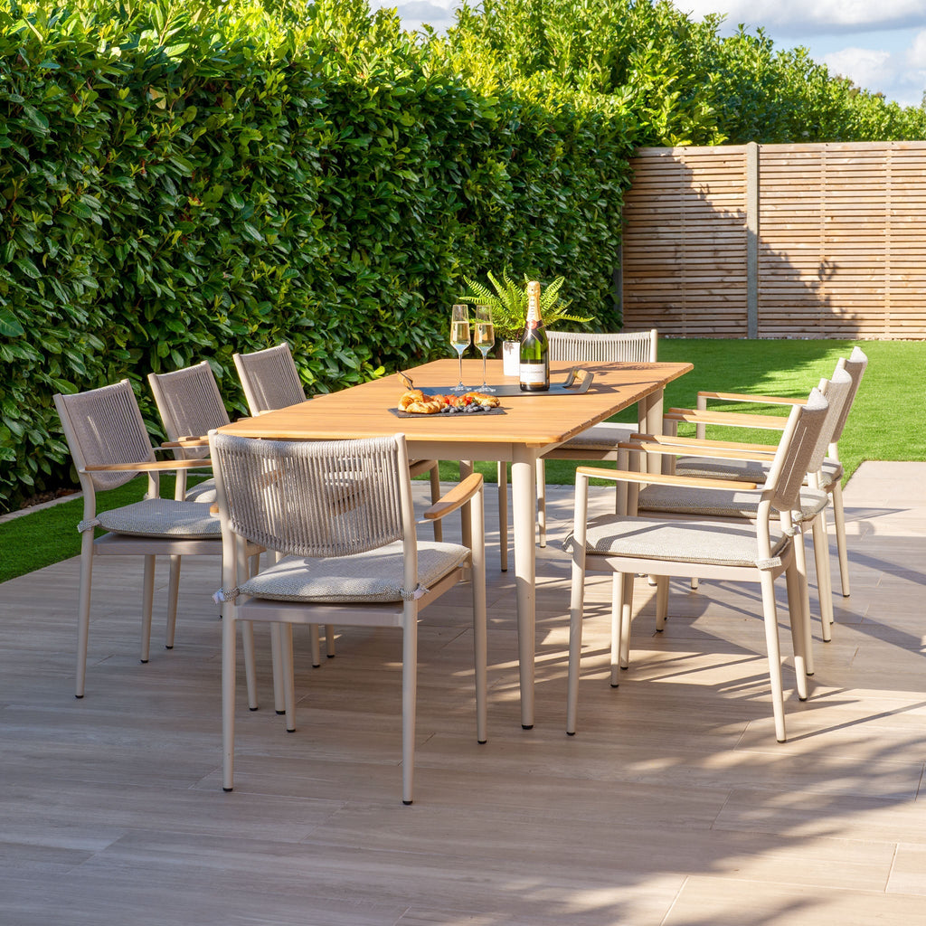 Tellaro 8 Seat Rectangular Dining Set with Teak Table in Latte