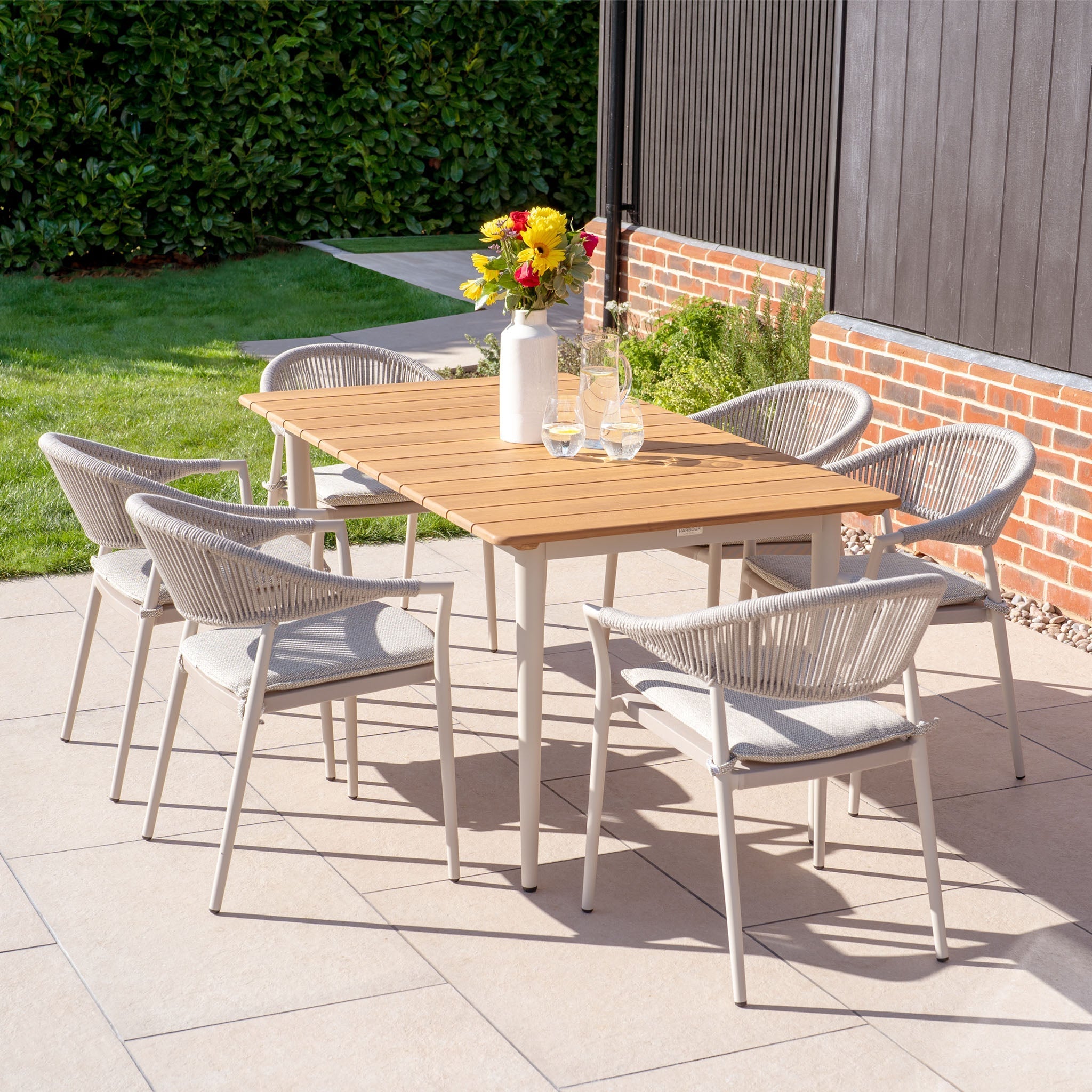 Cloverly 6 Seat Rectangular Dining with Teak Table in Latte