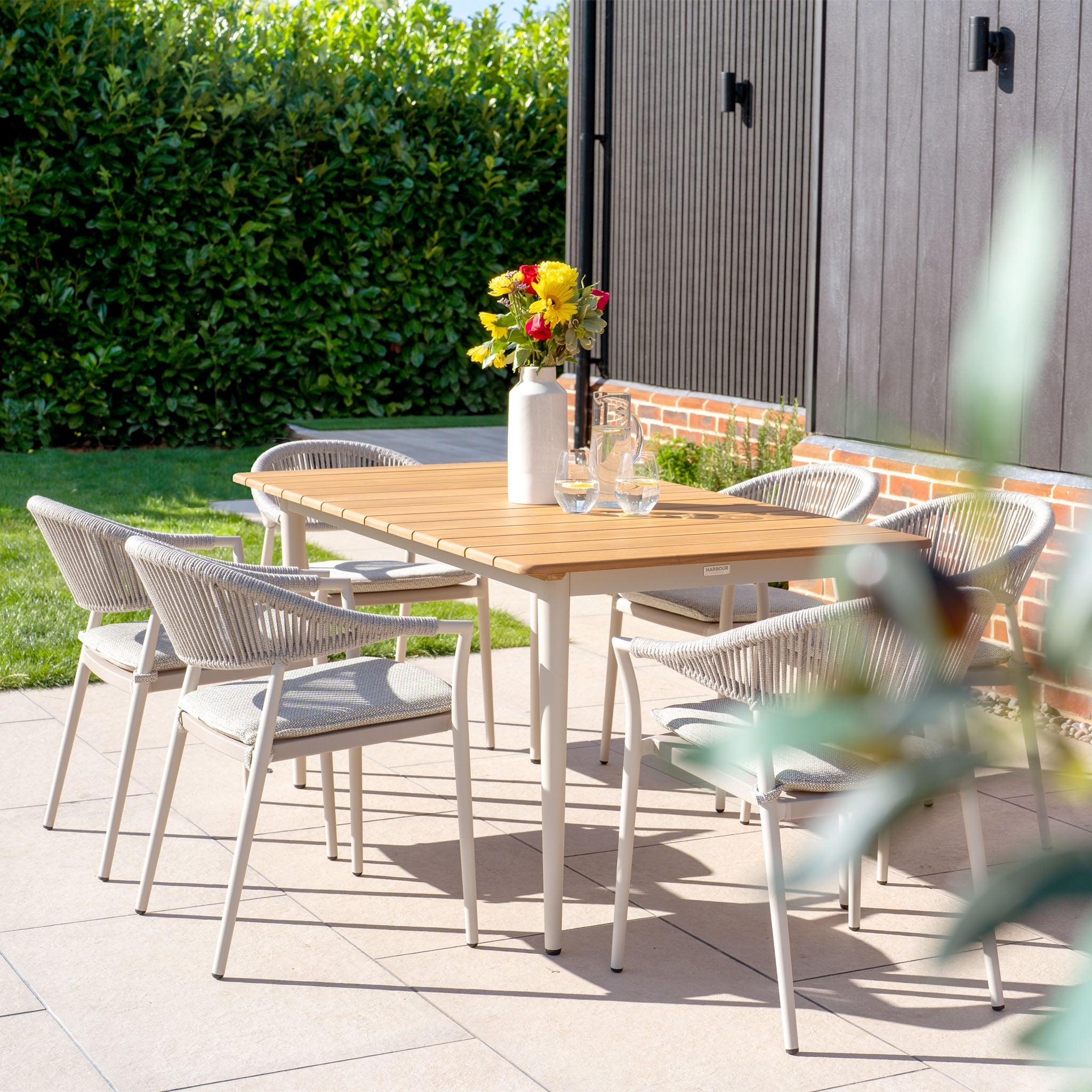 Cloverly 6 Seat Rectangular Dining with Teak Table in Latte