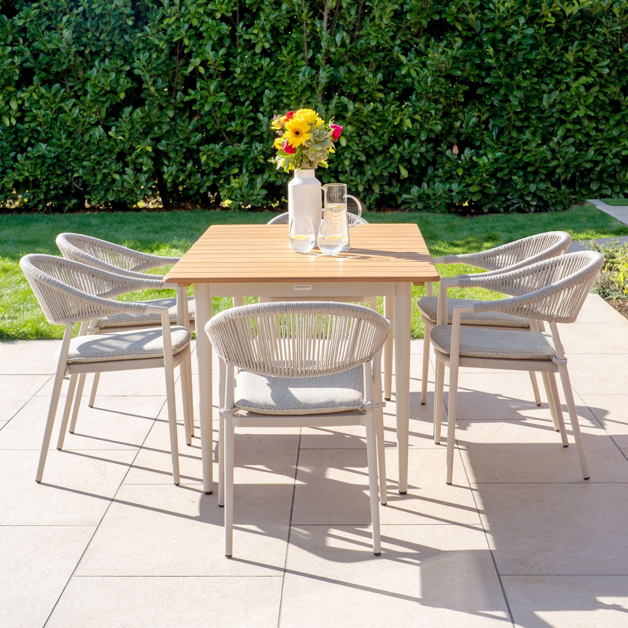 Cloverly 6 Seat Rectangular Dining with Teak Table in Latte