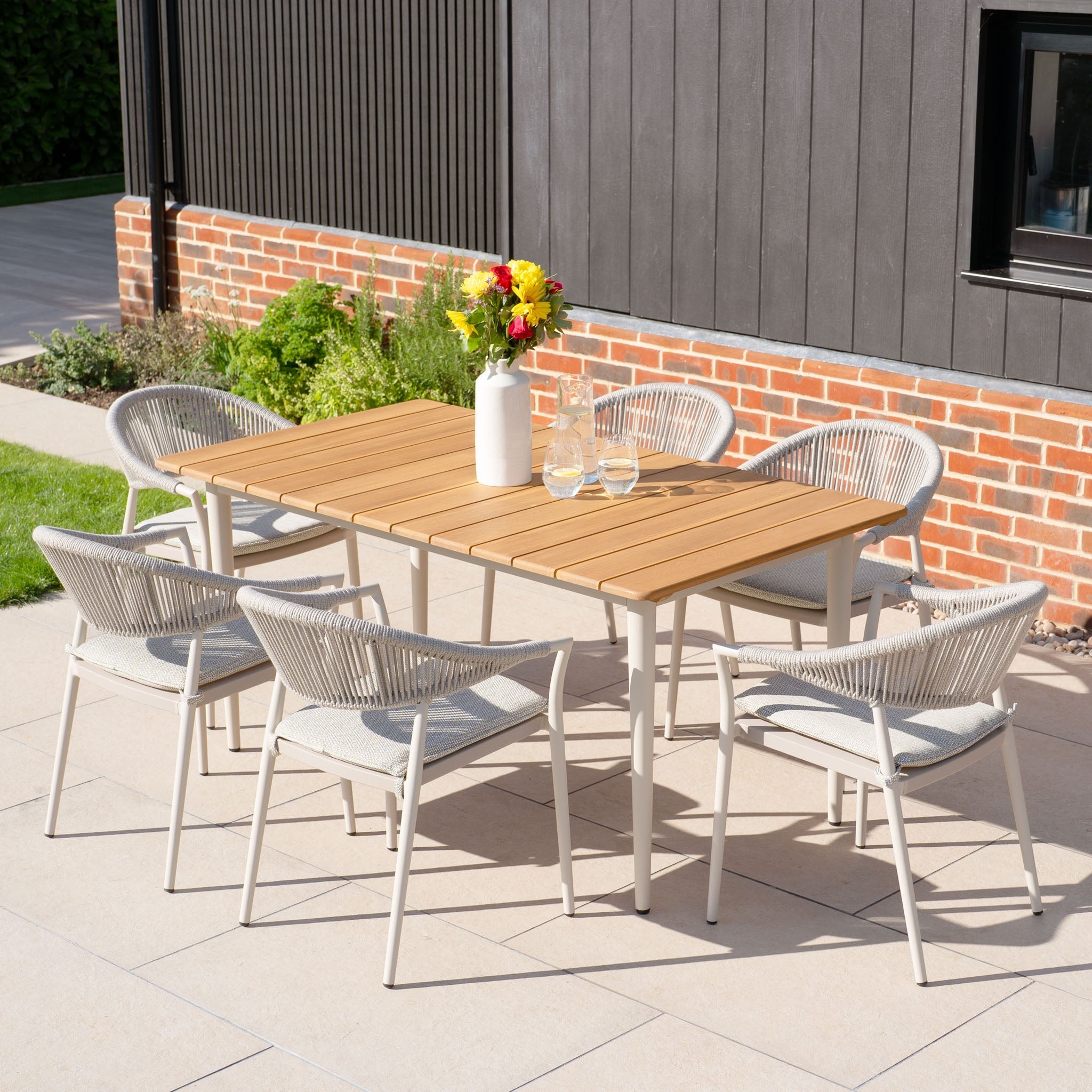 Cloverly 6 Seat Rectangular Dining with Teak Table in Latte