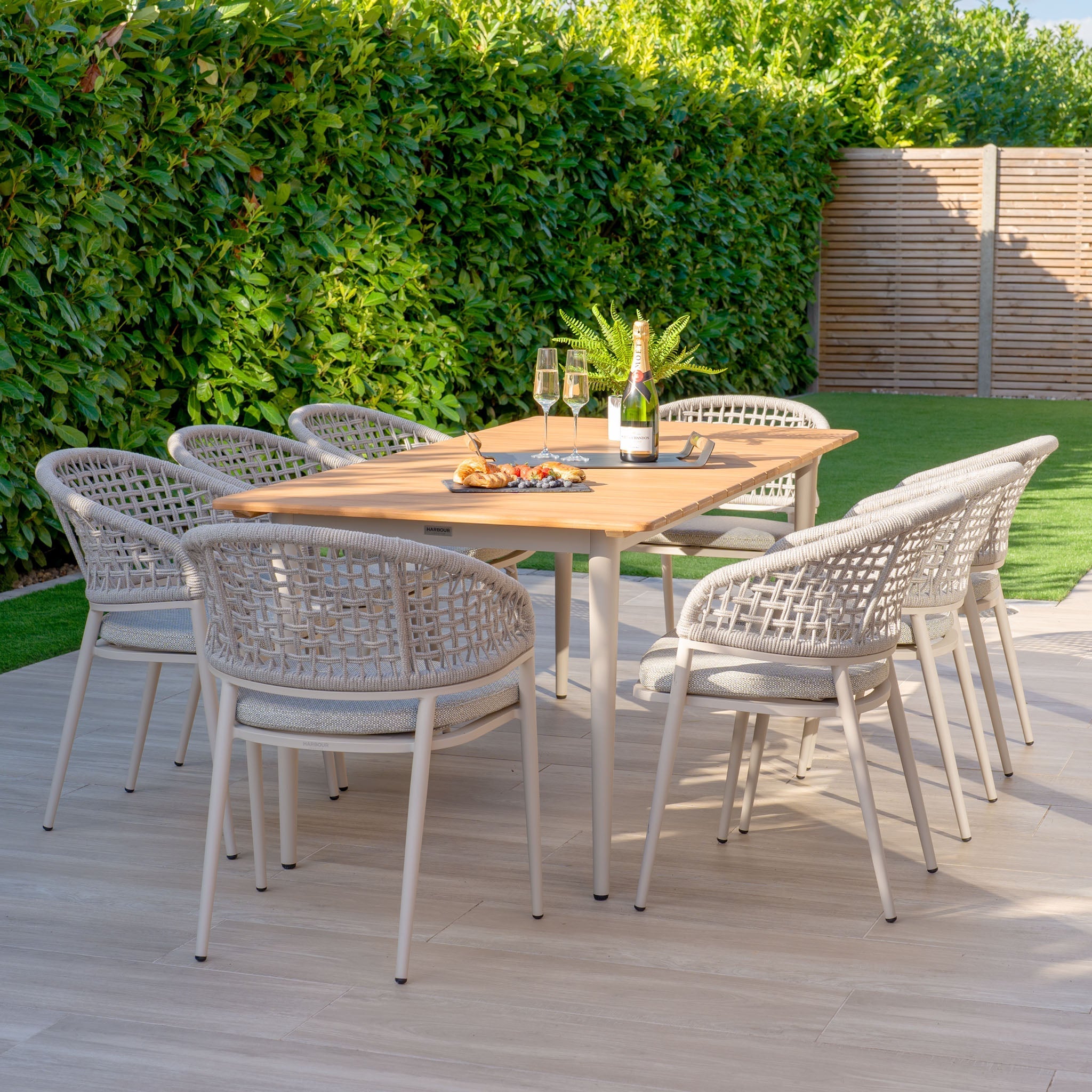 Kalama 8 Seat Rectangular Dining Set with Teak Table in Latte