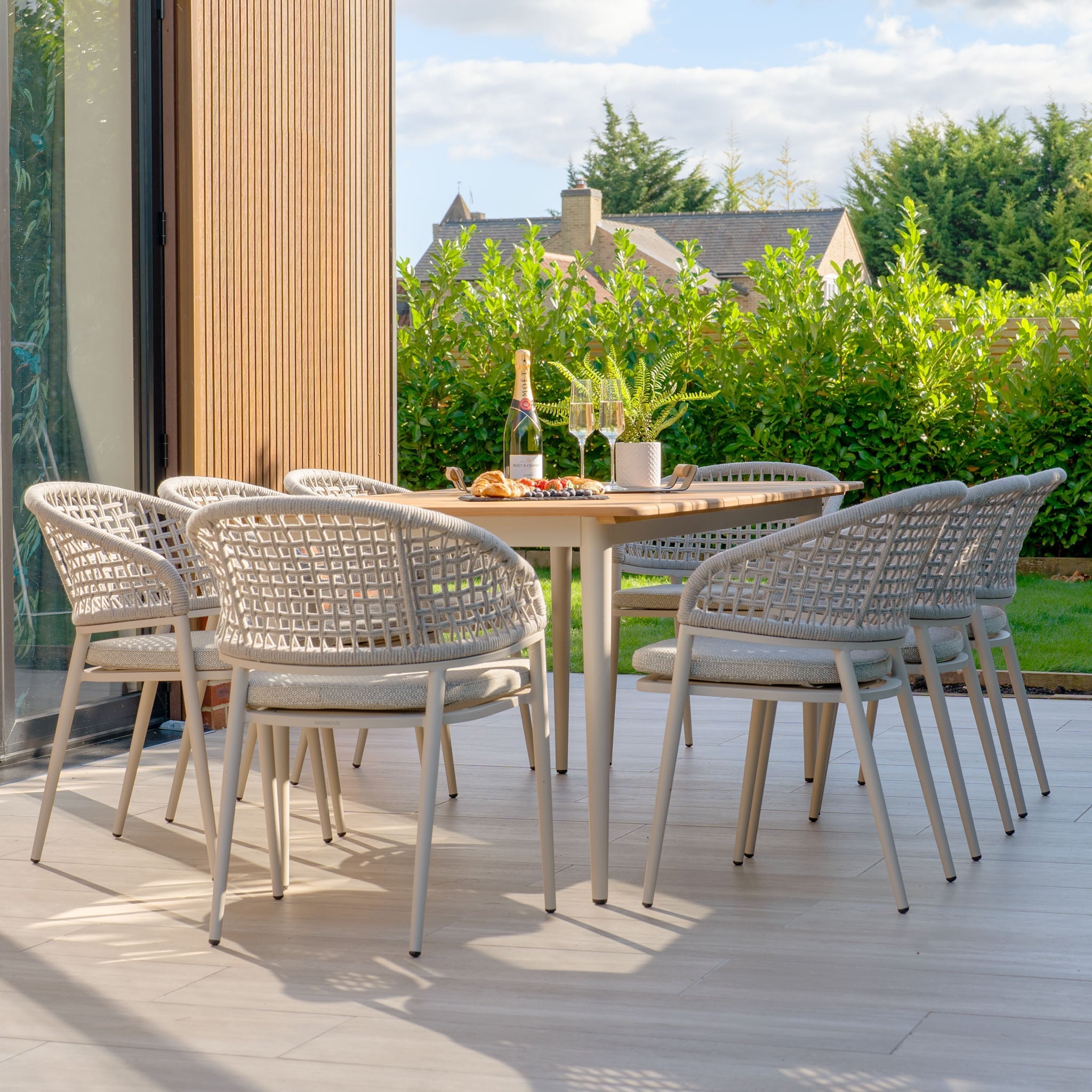 Kalama 8 Seat Rectangular Dining Set with Teak Table in Latte