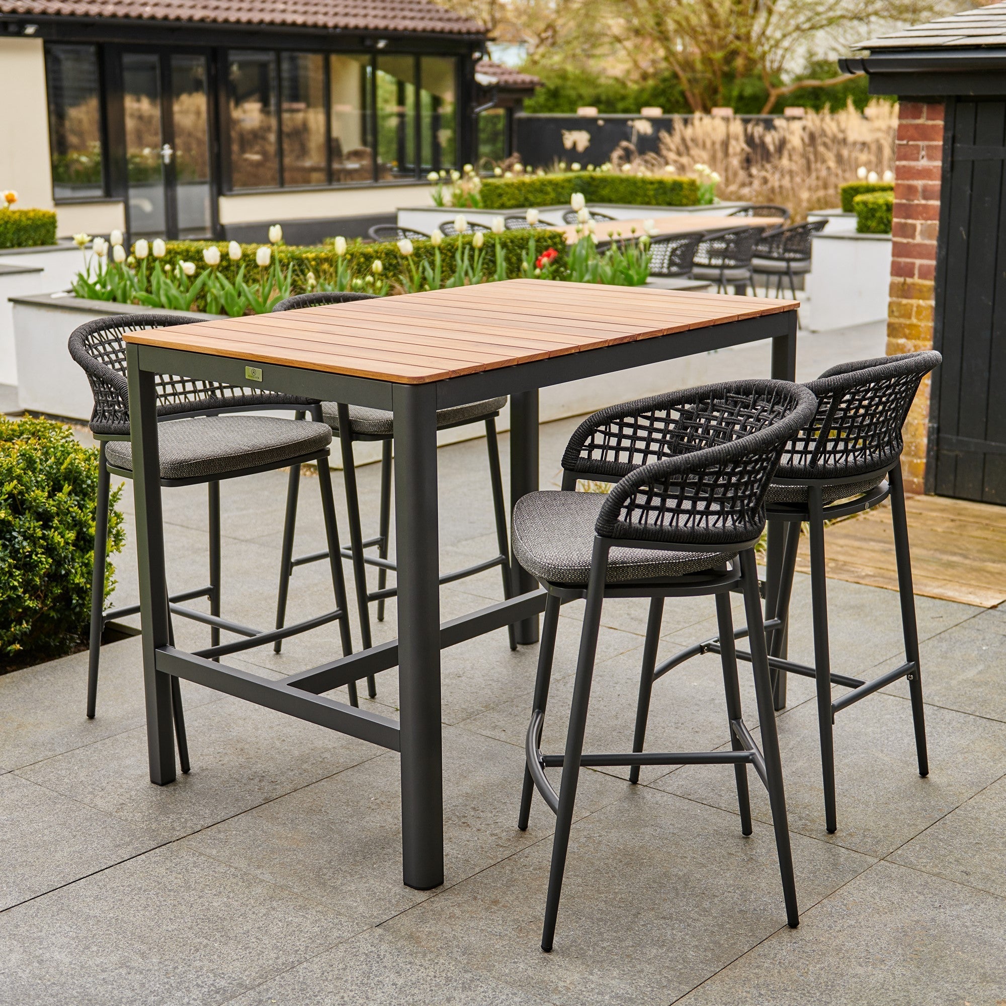 Kalama 4 Seat Rectangular Bar Set with Teak Table in Charcoal