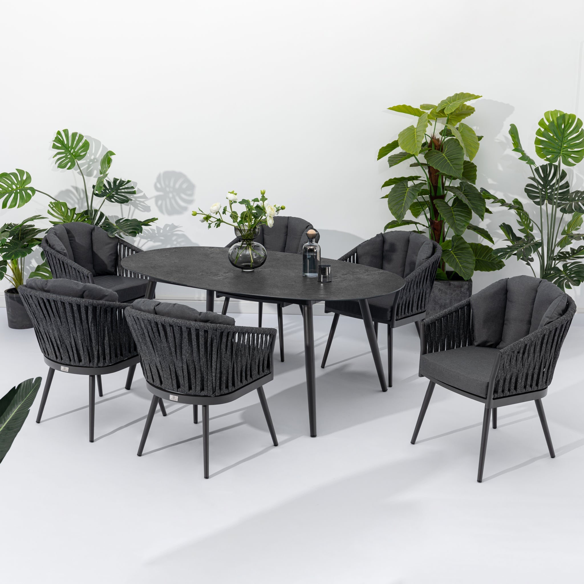 Monterrey 6 Seat Rope Dining Set with Oval Ceramic Table in Grey