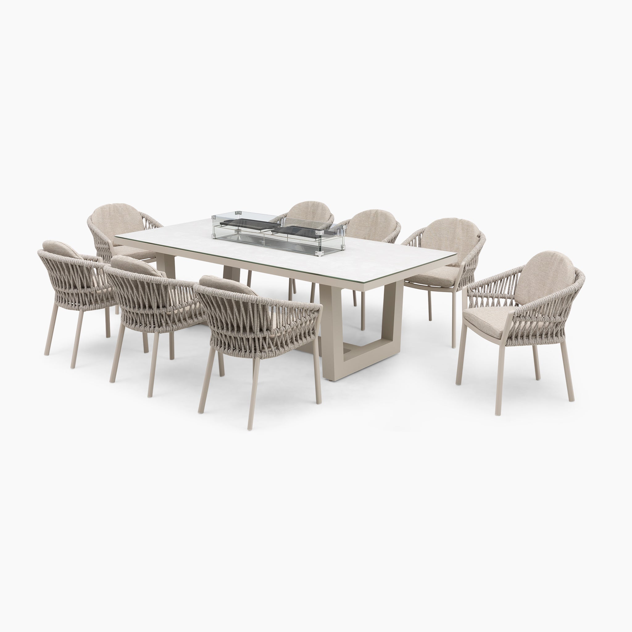 Pello 8 Seat Rectangular Ceramic Firepit Dining Set in Fawn