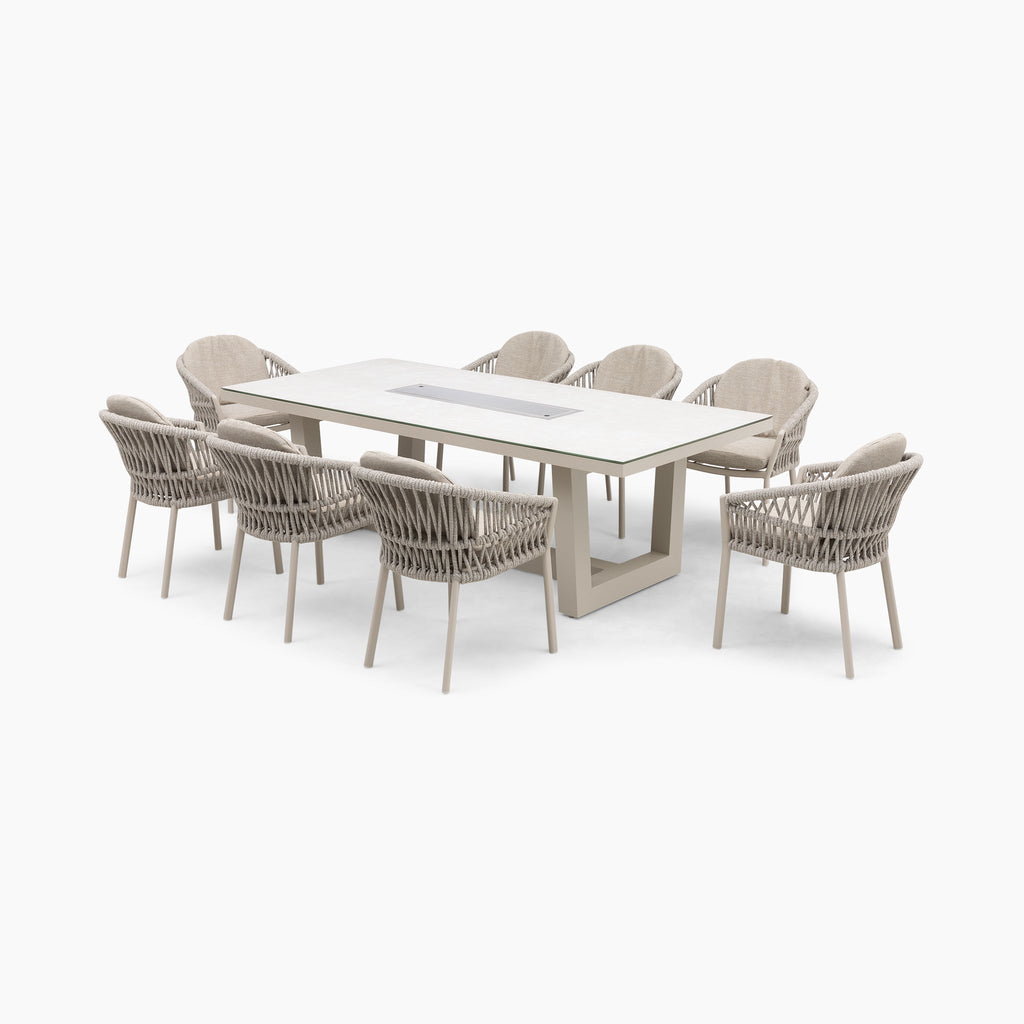 Pello 8 Seat Rectangular Ceramic Firepit Dining Set in Fawn
