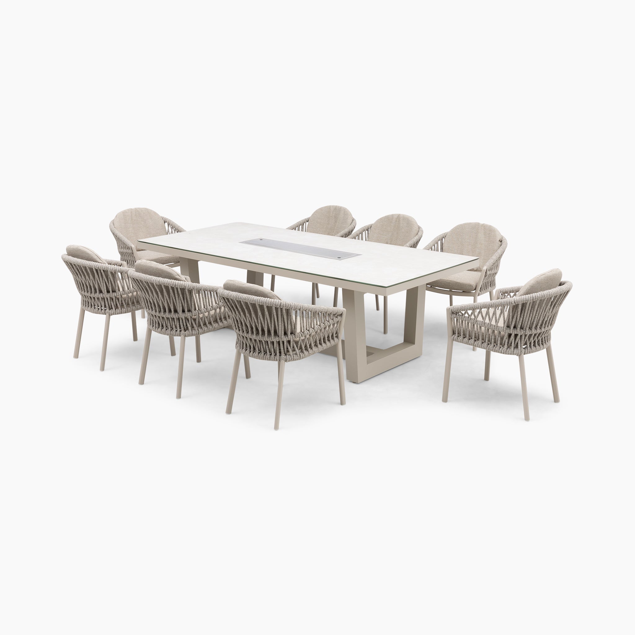 Pello 8 Seat Rectangular Ceramic Firepit Dining Set in Fawn