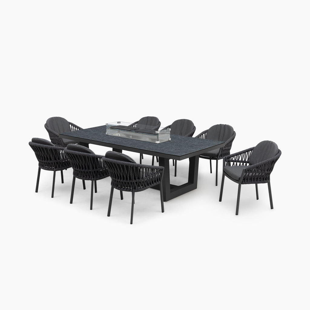 Pello 8 Seat Rectangular Ceramic Firepit Dining Set in Grey