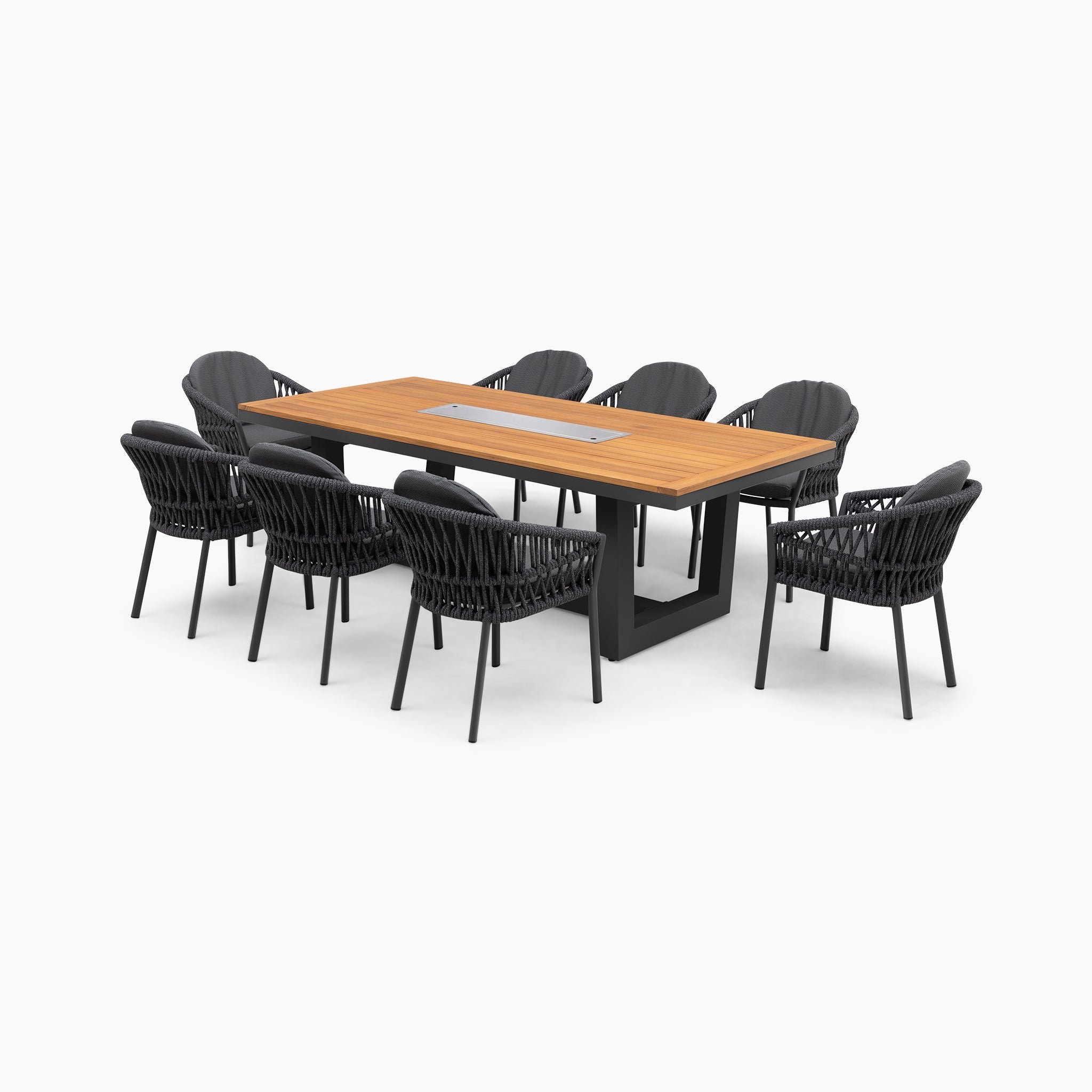 Pello 8 Seat Rectangular Teak Firepit Dining Set in Grey