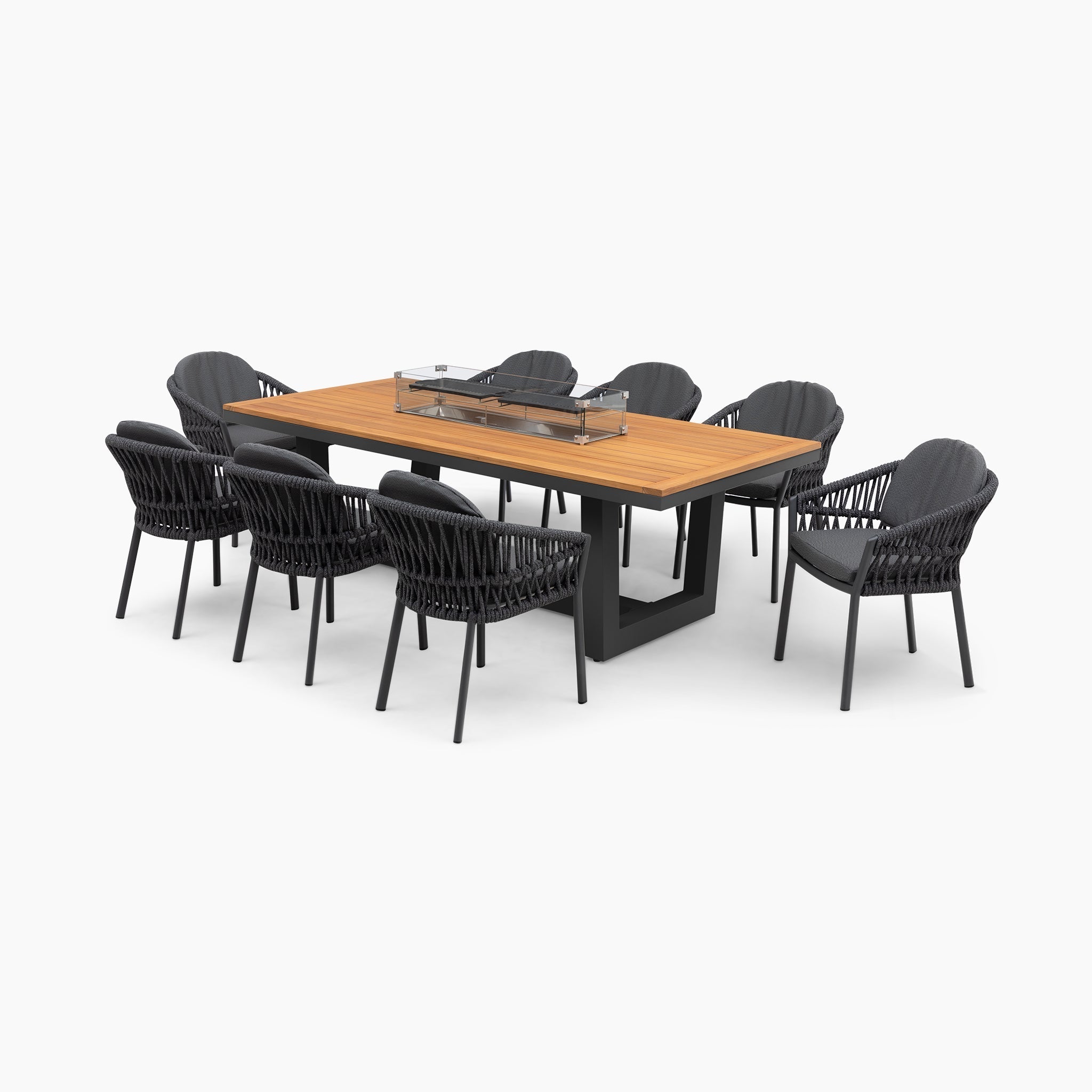 Pello 8 Seat Rectangular Teak Firepit Dining Set in Grey