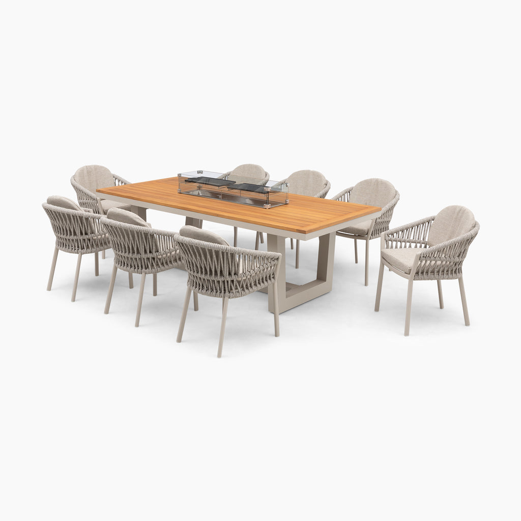 Pello 8 Seat Rectangular Teak Firepit Dining Set in Fawn