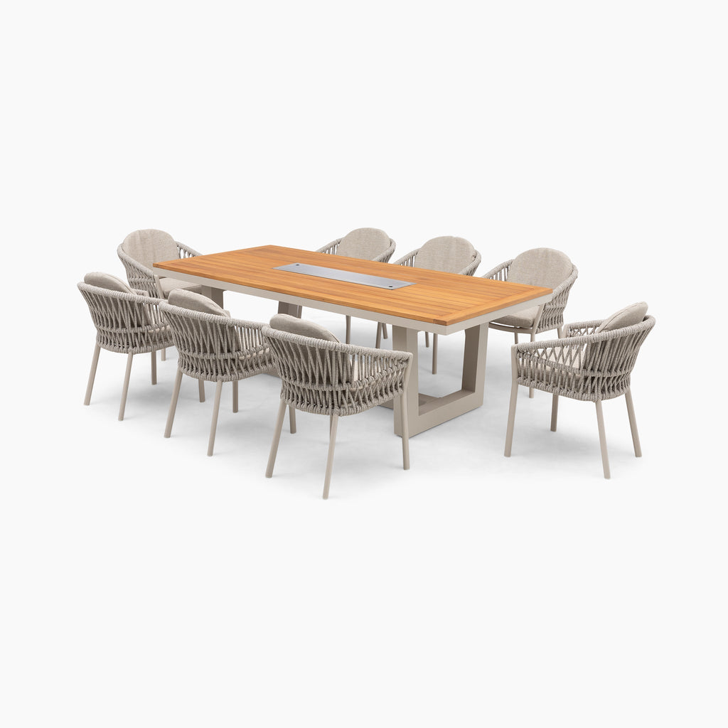 Pello 8 Seat Rectangular Teak Firepit Dining Set in Fawn