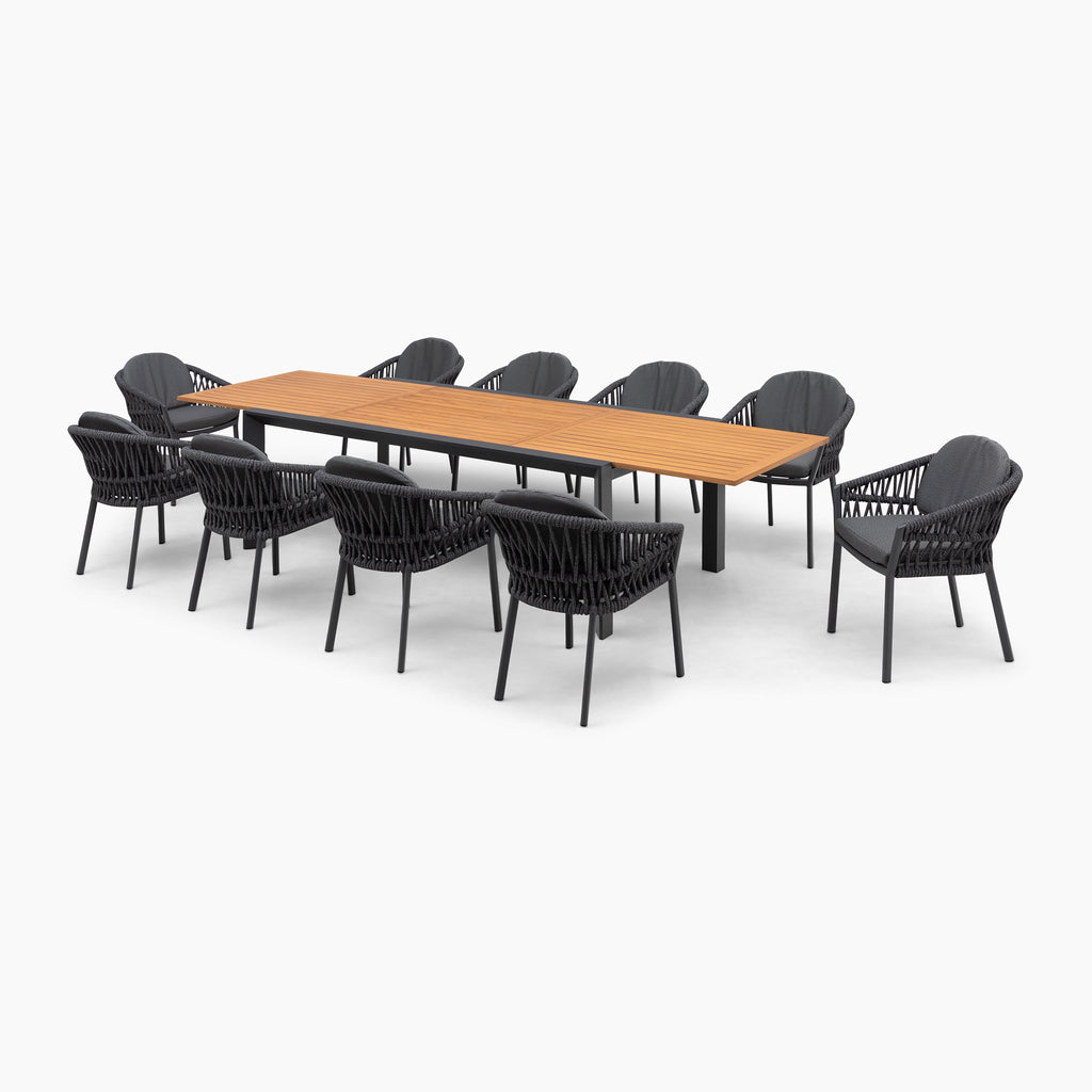 Pello 10 Seat Extending Dining Set with Teak Table in Grey
