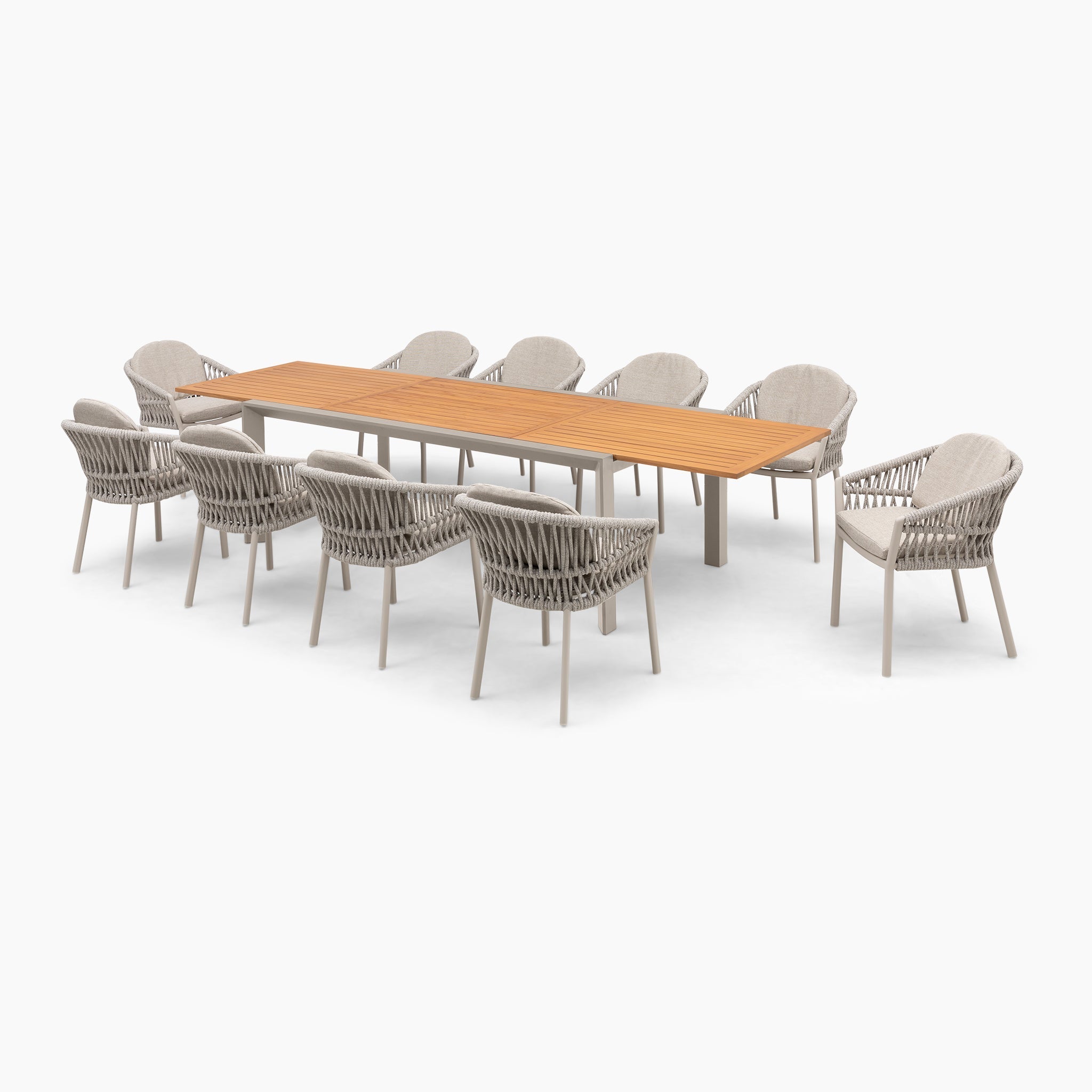 Pello 10 Seat Extending Dining Set with Teak Table in Fawn