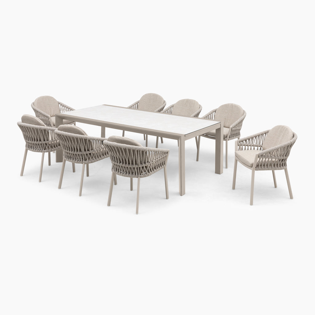 Pello 8 Seat Extending Dining Set with Ceramic Table in Fawn