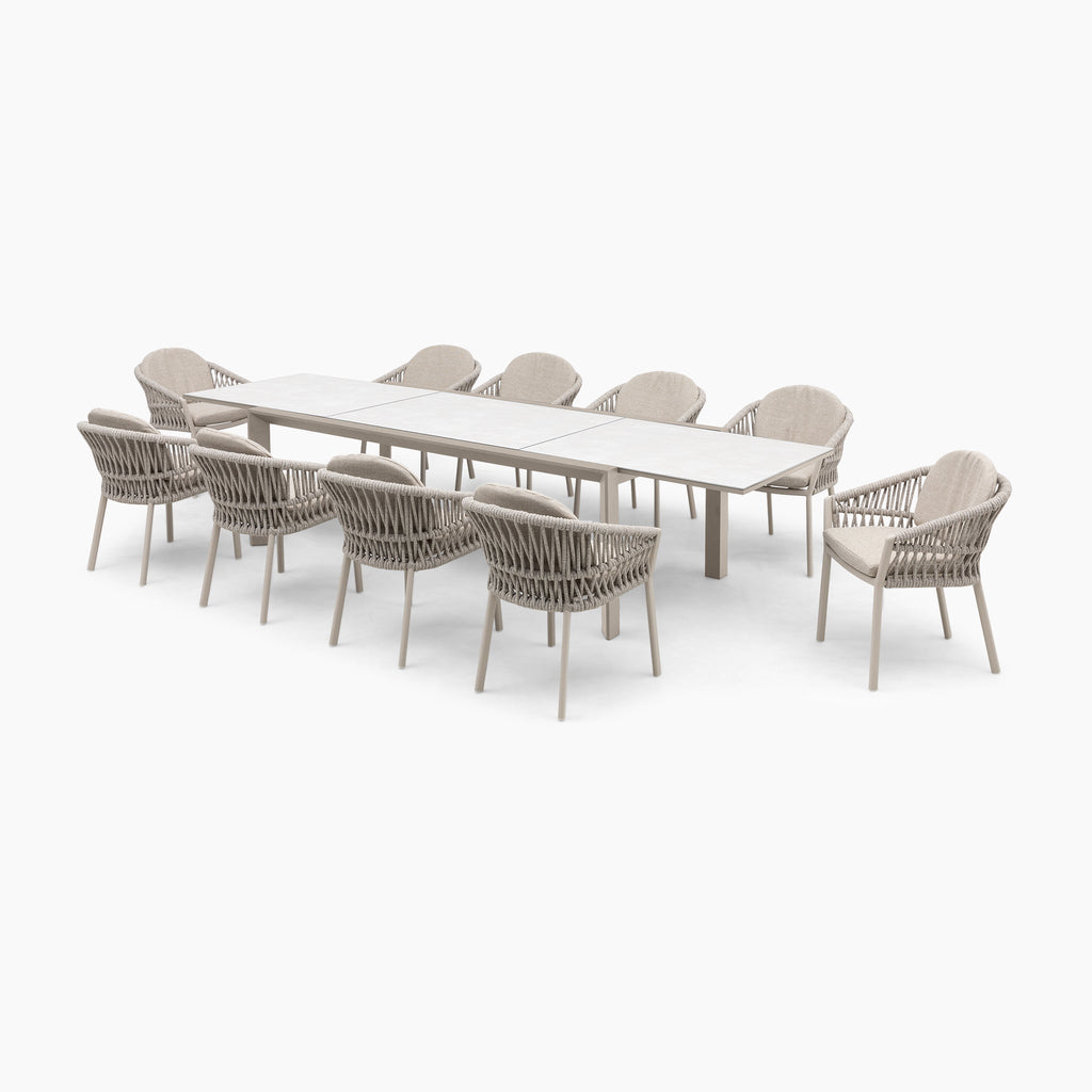 Pello 10 Seat Extending Dining Set with Ceramic Table in Fawn