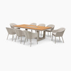 Luna 8 Seat Outdoor Fabric Rectangular Teak Firepit Dining Set in Fawn