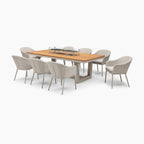 Luna 8 Seat Outdoor Fabric Rectangular Teak Firepit Dining Set in Fawn