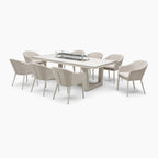 Luna 8 Seat Outdoor Fabric Rectangular Ceramic Firepit Dining Set in Fawn