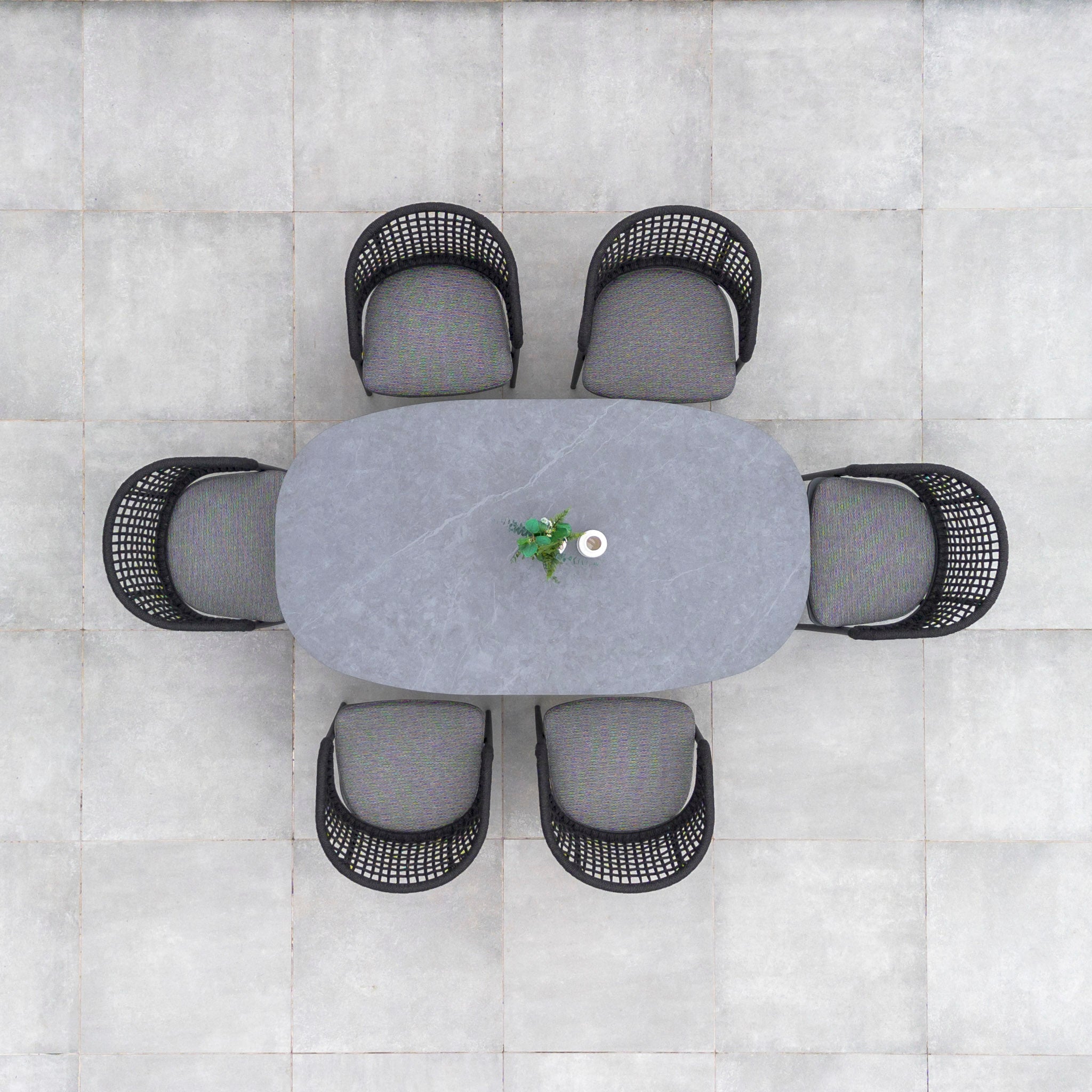 Kalama 6 Seat Rope Oval Dining Set with Ceramic Table in Charcoal