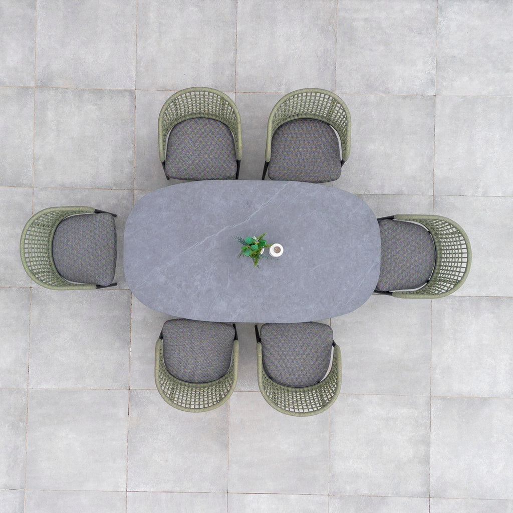 Kalama 6 Seat Rope Oval Dining Set with Ceramic Table in Olive Green