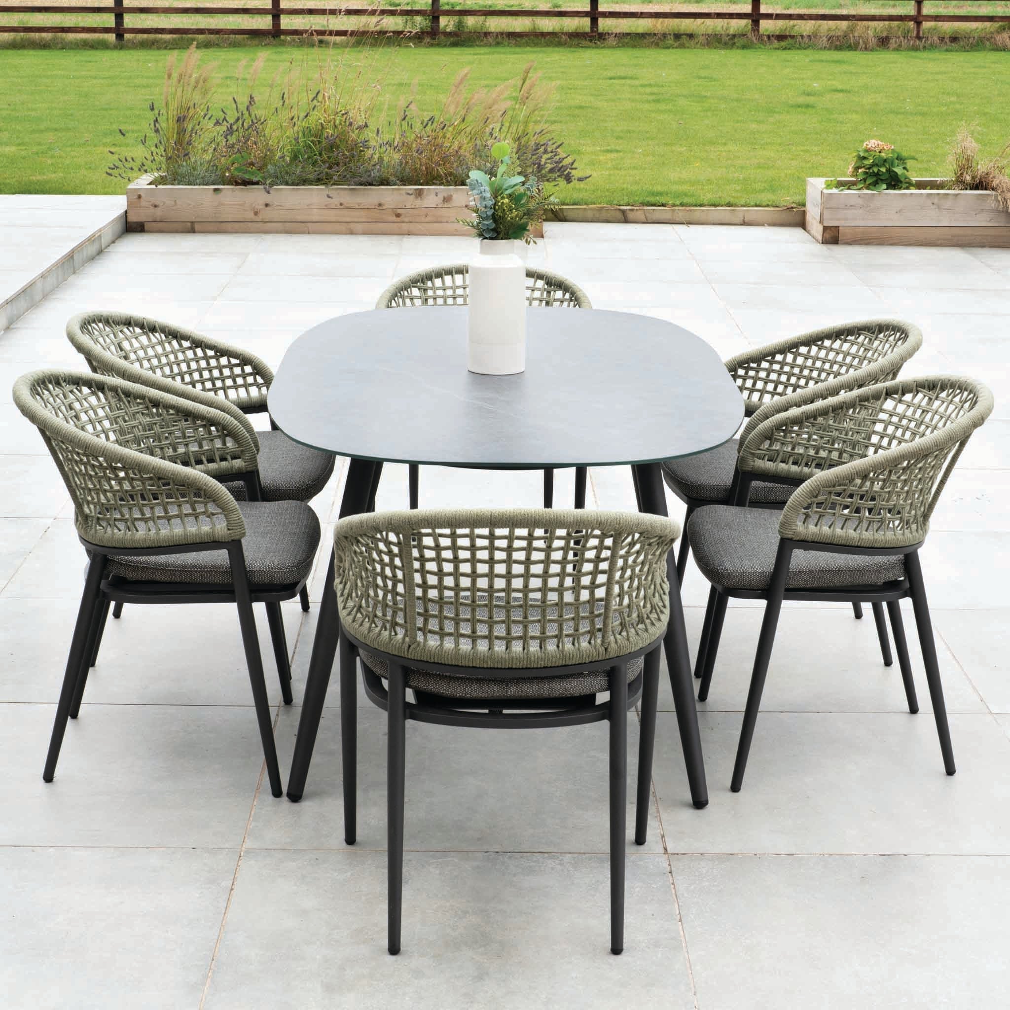 Kalama 6 Seat Rope Oval Dining Set with Ceramic Table in Olive Green