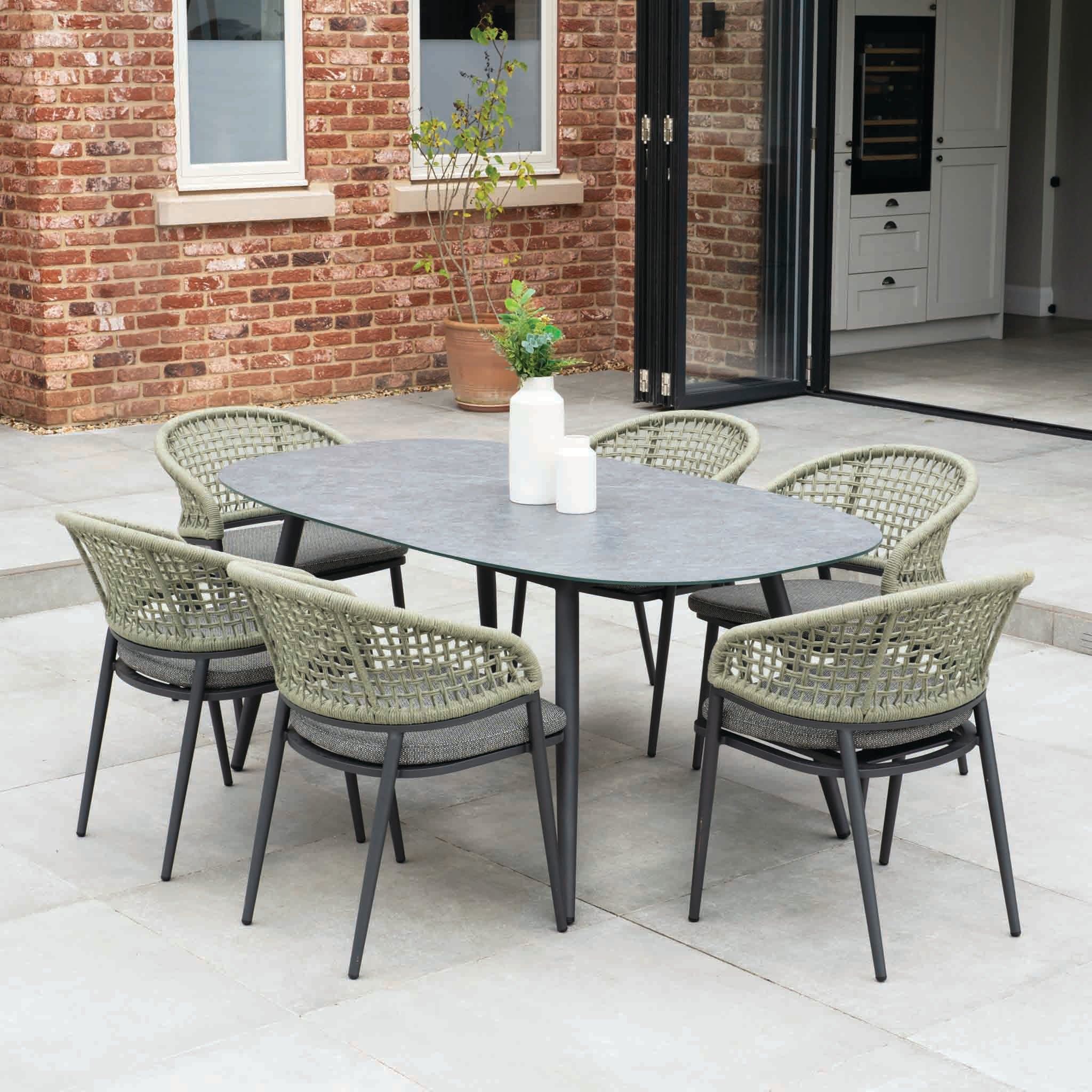 Kalama 6 Seat Rope Oval Dining Set with Ceramic Table in Olive Green