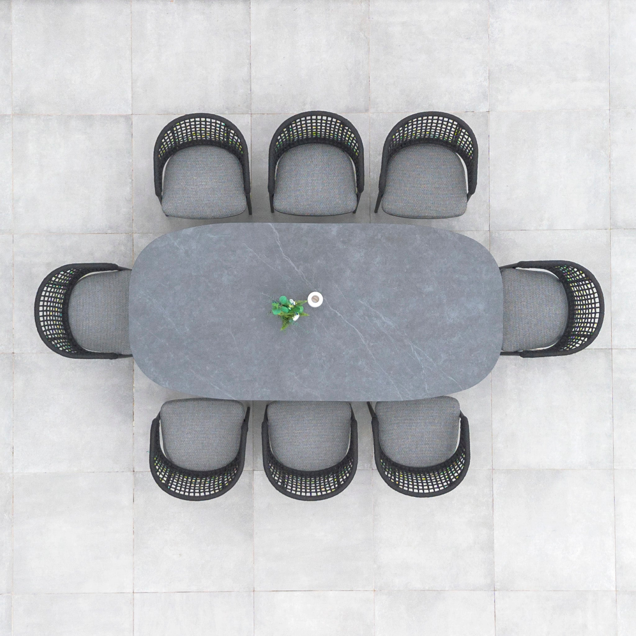 Kalama 8 Seat Rope Oval Dining Set with Ceramic Table in Charcoal