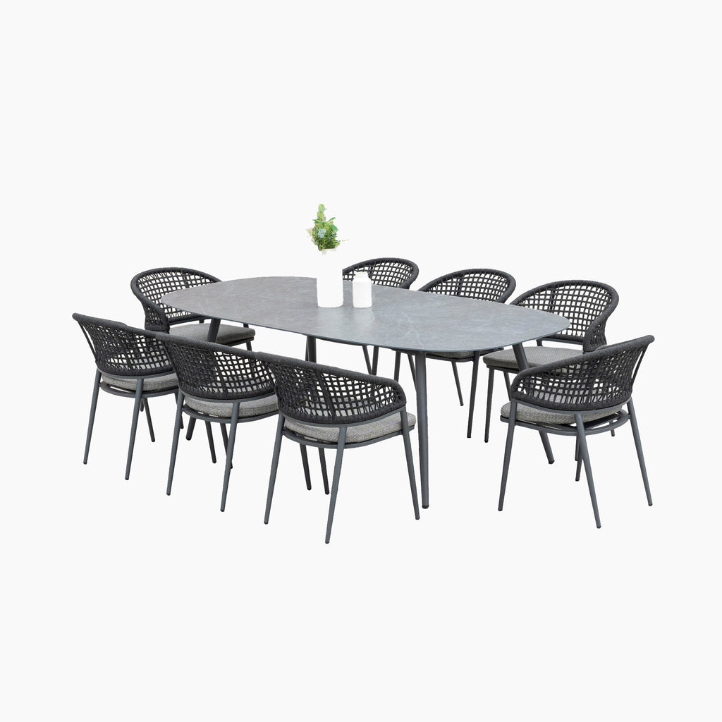 Kalama 8 Seat Rope Oval Dining Set with Ceramic Table in Charcoal