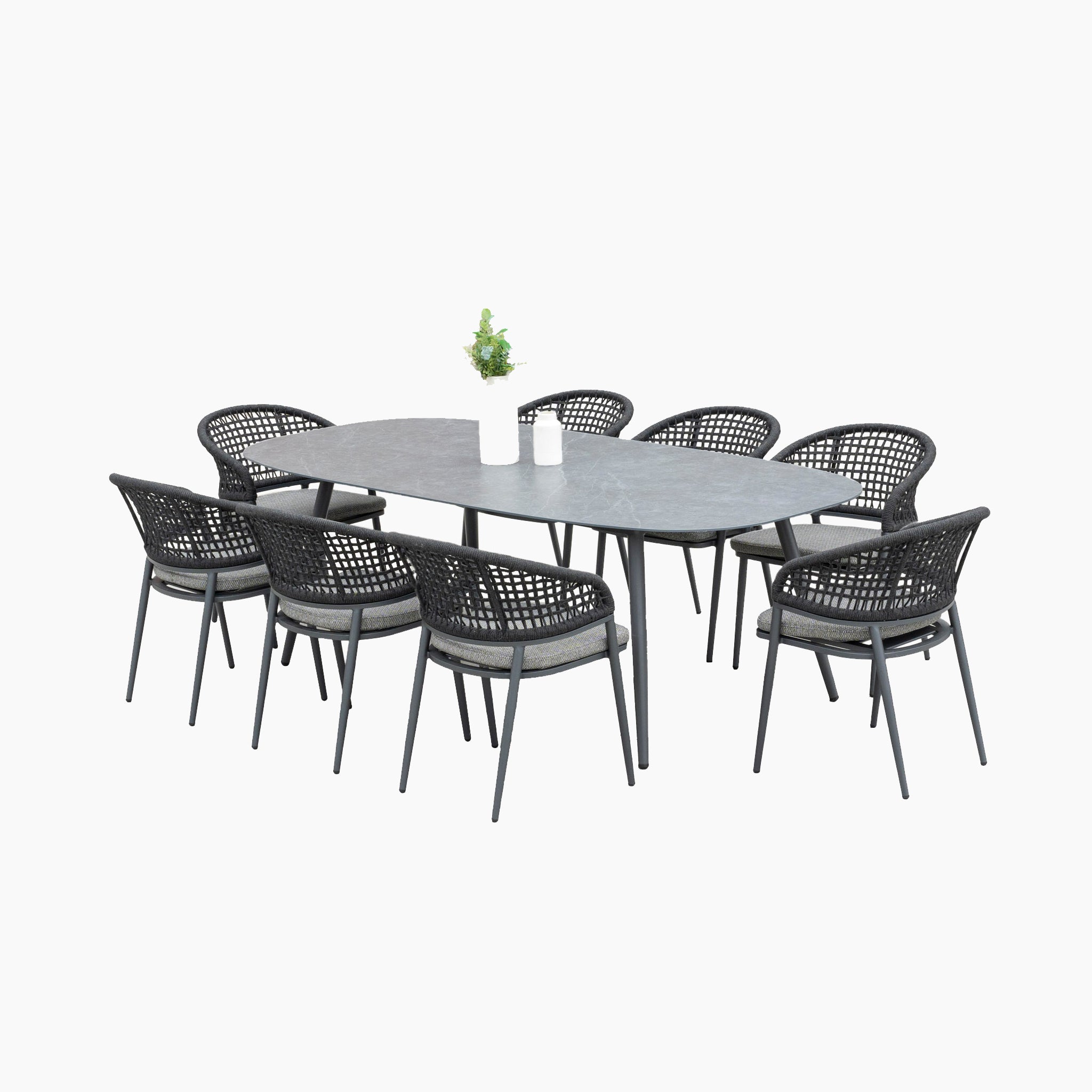 Kalama 8 Seat Rope Oval Dining Set with Ceramic Table in Charcoal