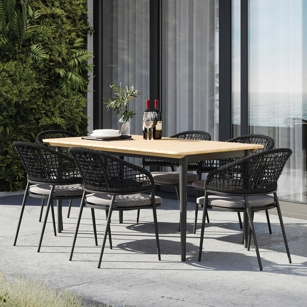 Kalama 6 Seat Rectangular Dining Set with Teak Table in Charcoal